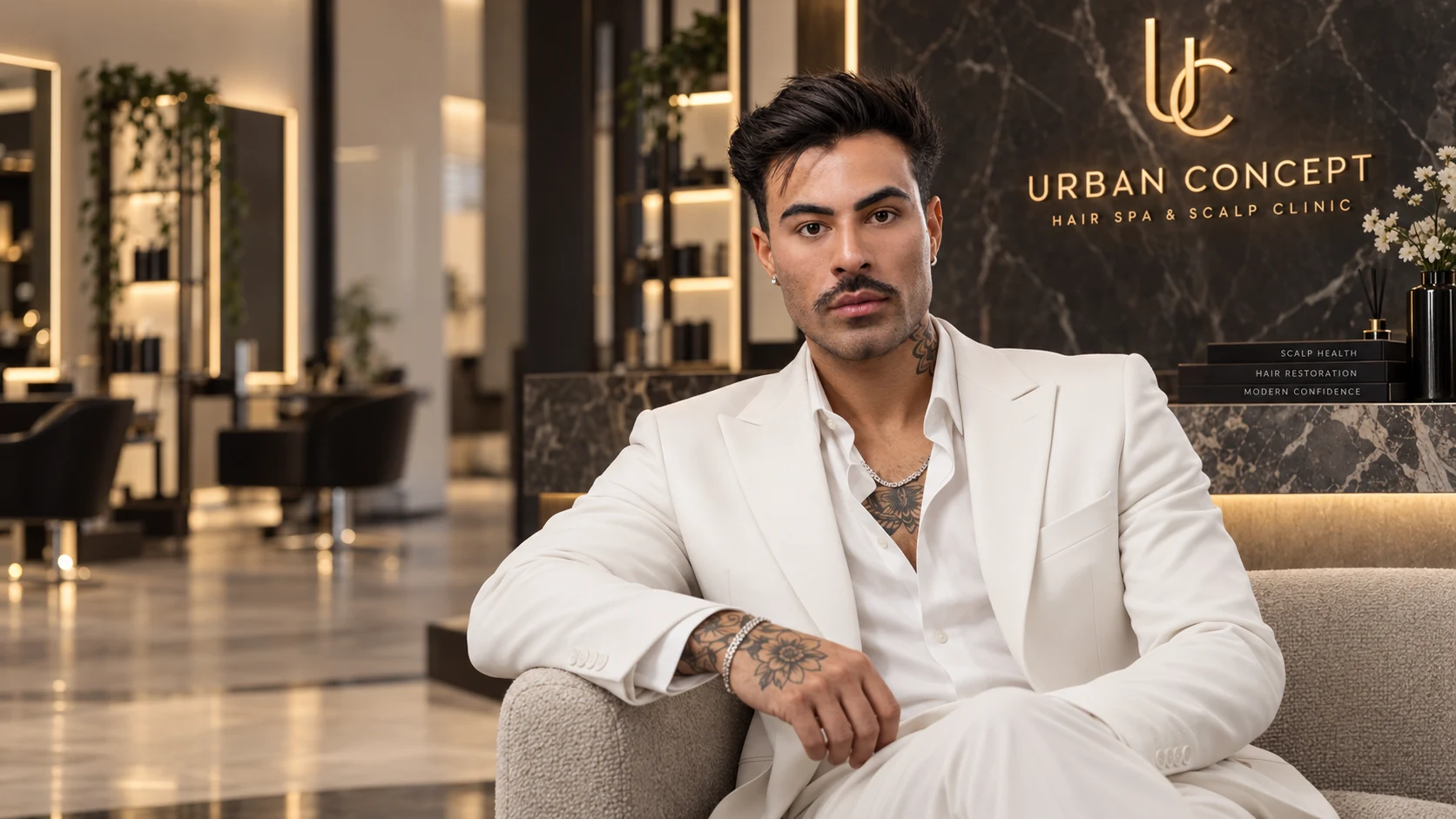 Phil Di Paiva in a white suit with Urban Concept branding